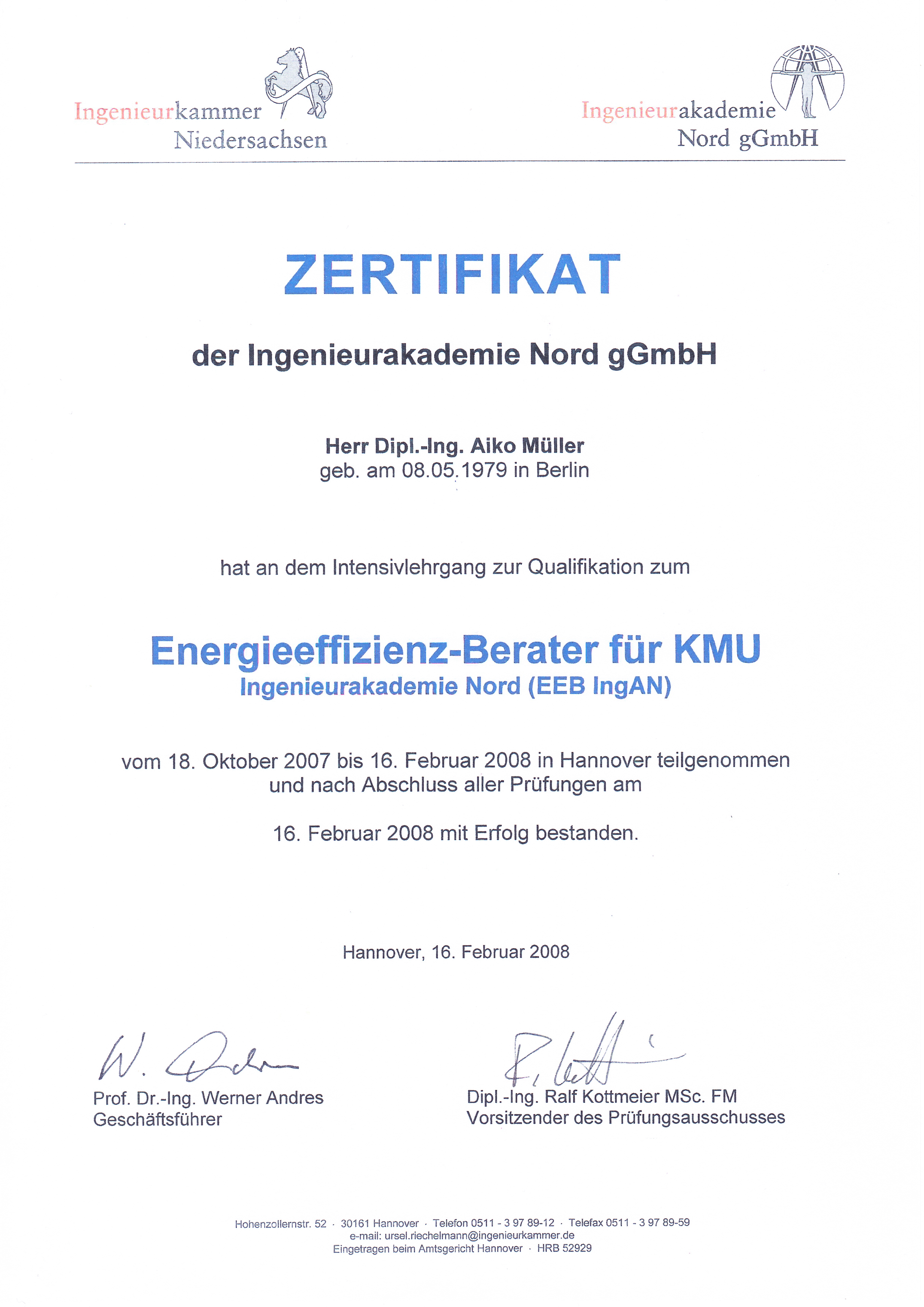 Zertifikat Energieberater für KMU Aiko Müller-Buchzik