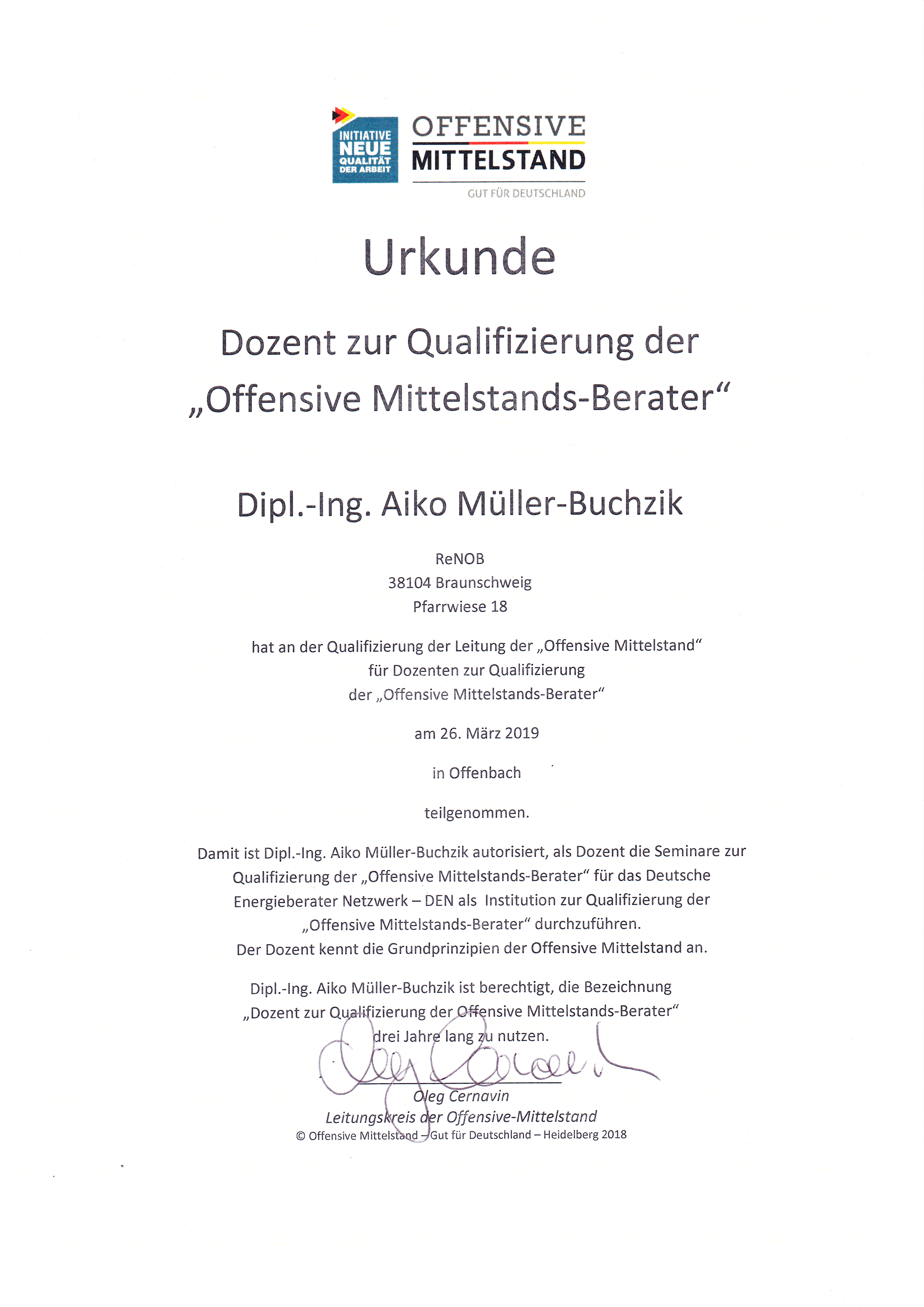 Zertifikat Dozent DEN Akademie Aiko Müller-Buchzik